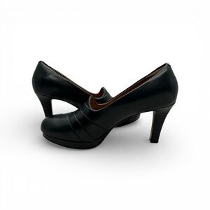 Clarks Delsie Joy Black Leather Platform Heels Classic Career Pumps Block Heel 9